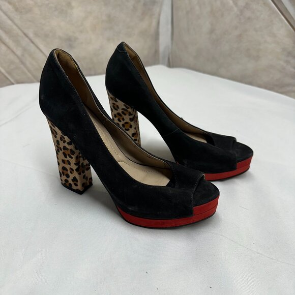 ViaMarte Brazil Black Multi Animal Suede Designer Peep Platform Pumps 7 - Picture 1 of 5